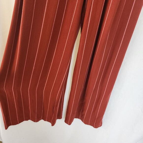 Three Floor Margaux Burgundy Rust Striped Sleeveless Ruffle Belted Jumpsuit Sz 8 - Picture 10 of 12